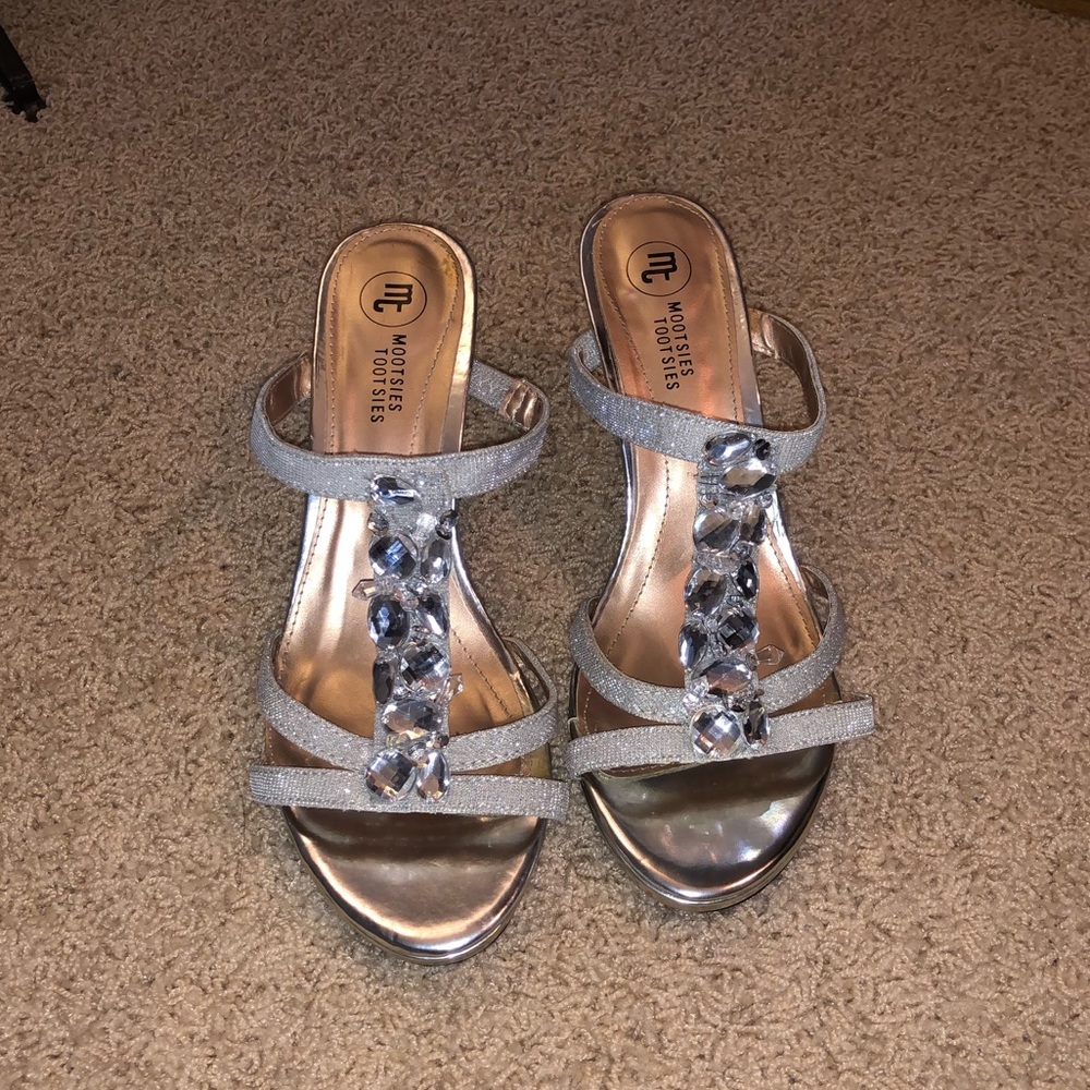 Jeweled, sparkly, silver heels. Size 7.5